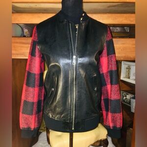 Burberry Plaid Red Tartan & Leather Bomber Jacket